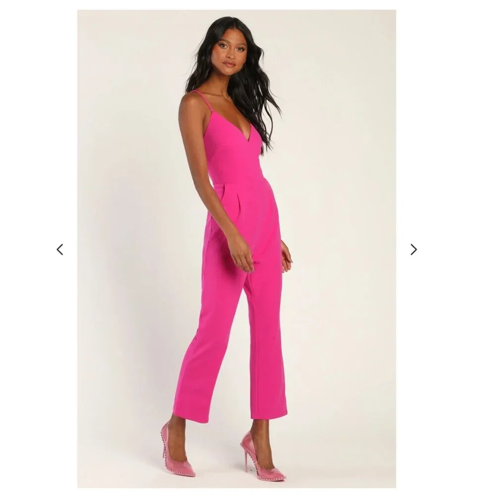 Lulu's Hot Pink V-Neck Sleeveless Jumpsuit (XS) NWT - Picture 2 of 3